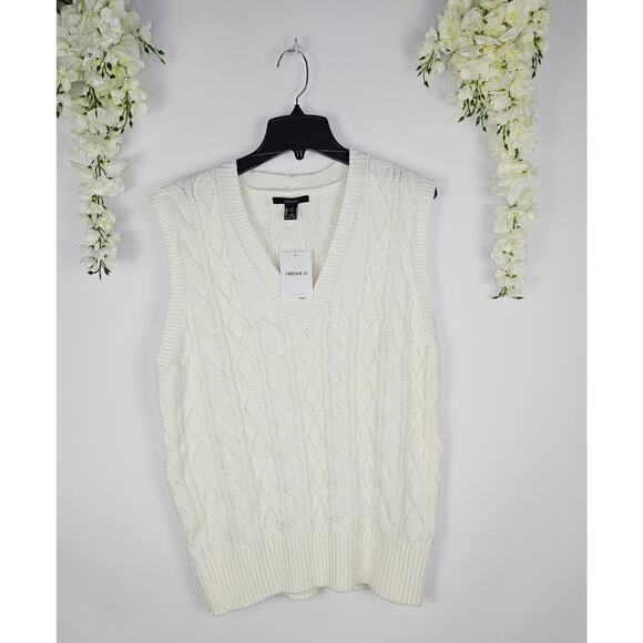 New Forever 21 Wool Blend Cable Knit Sweater Vest Cream Off White Large Preppy - Picture 2 of 12